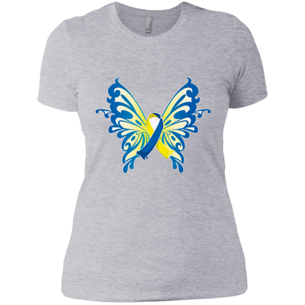 Blue & Yellow Butterfly Down Syndrome Awareness Next Level Ladies' Boyfriend Tee