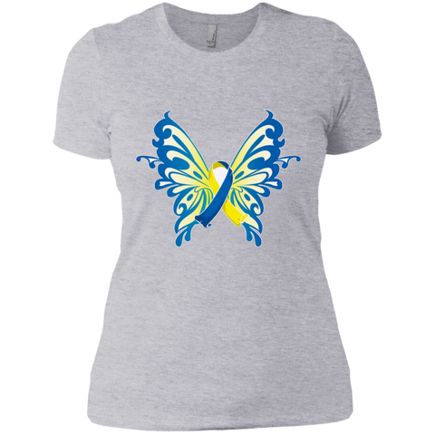 Blue & Yellow Butterfly Down Syndrome Awareness Next Level Ladies' Boyfriend Tee