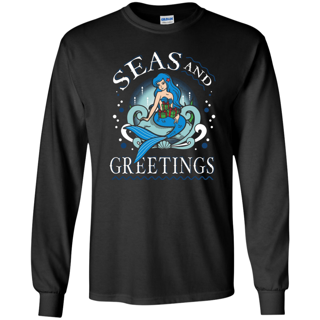 Pretty Mermaid Christmas T-shirt Seas And Greetings Fun G240 Gildan LS Ultra Cotton T-Shirt